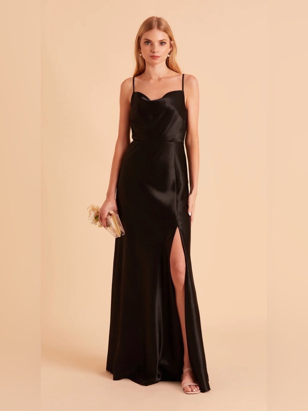 NWOT Birdy Grey Lisa Black Satin Cowl Neck Maxi Dress with Slit